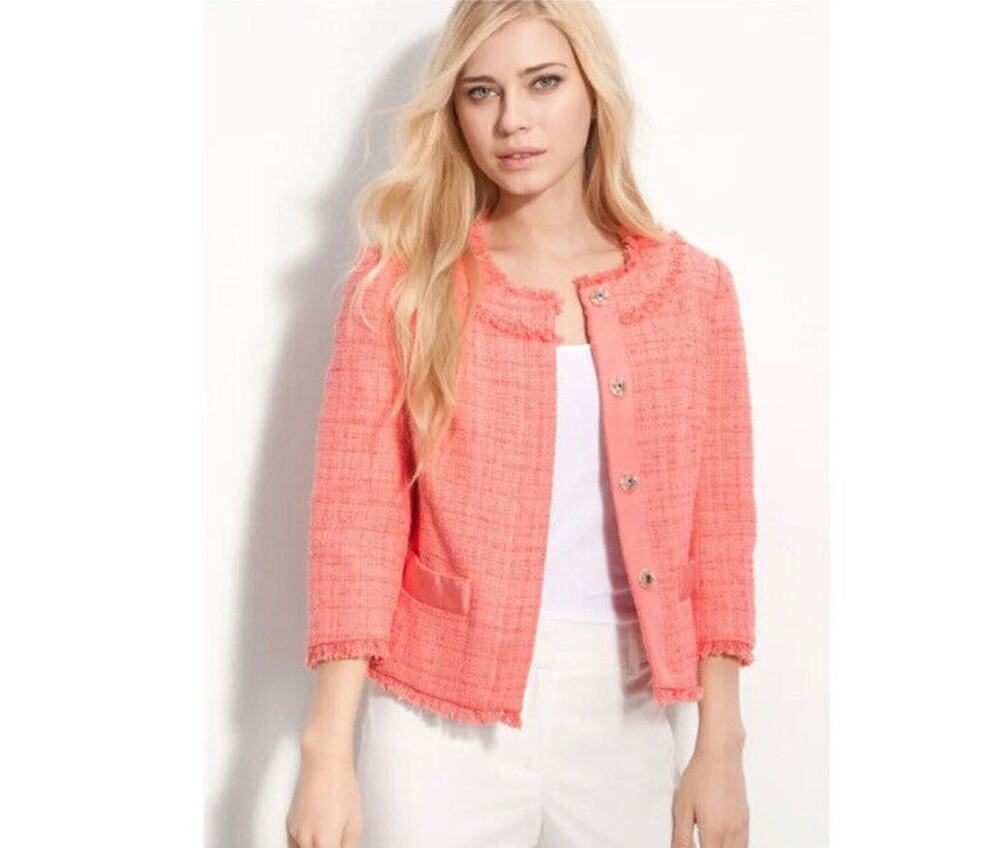 Trina Turk Tammie Women's Tweed Fringe Trim Blazer Jacket Orange Size 8
